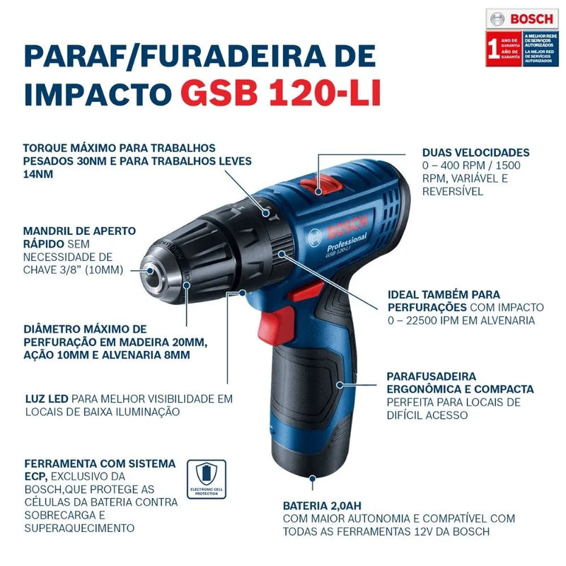 Parafusadeira Furadeira a bateria Bosch GSB 120-LI, 12V