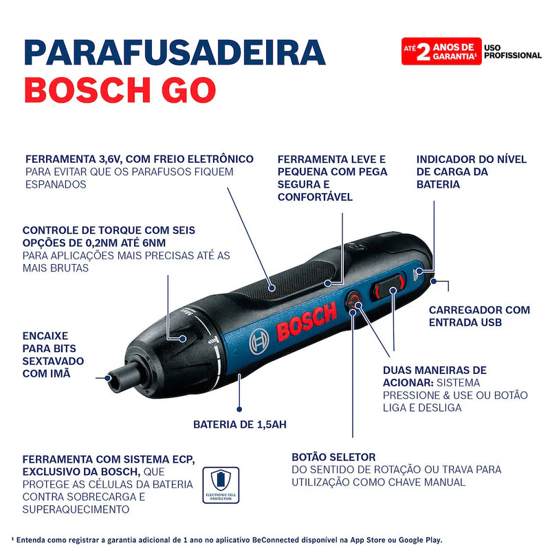 Parafusadeira a Bateria Bosch Go 3,6V BIVOLT com 2 Bits